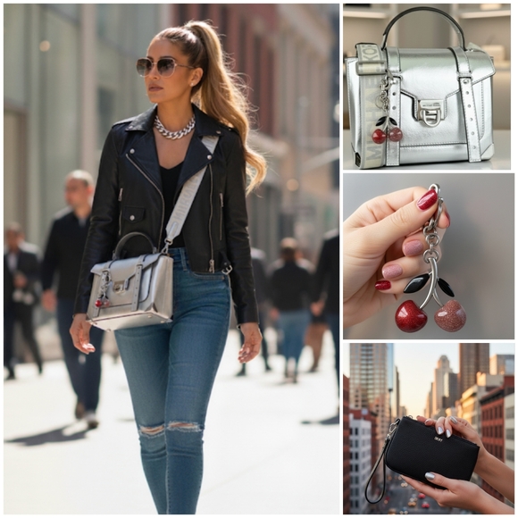 3pc Bundle: Michael Kors Manhattan Metallic Silver Satchel, Wristlet & Bag Charm - Picture 1 of 16